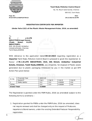 Registration Certificate For Importer